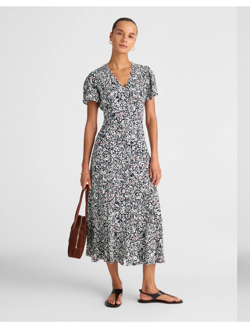 Madewell Floral V-Neck Button Up Midi Dress in Navy, White and Red